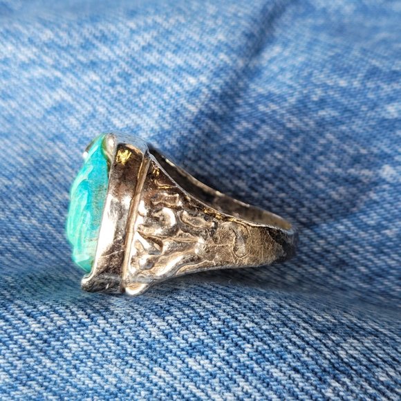 Large Carved Natural Turquoise Horse Head Sterling Silver Ring, Size: 10.5 - Picture 2 of 6